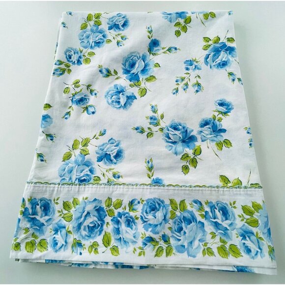 Vintage 70s flat/top sheet, blue roses floral, twin size bed, Wabasso - Picture 7 of 8